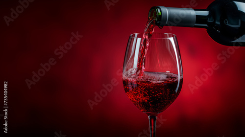 Red wine pours from a bottle into a glass on a dark burgundy background close up