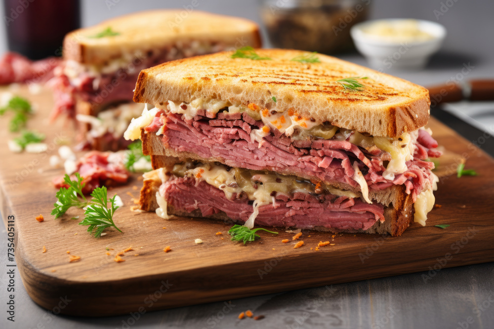 Reuben sandwich with sauerkraut and creamy sauce for lunch - obrazy, fototapety, plakaty 