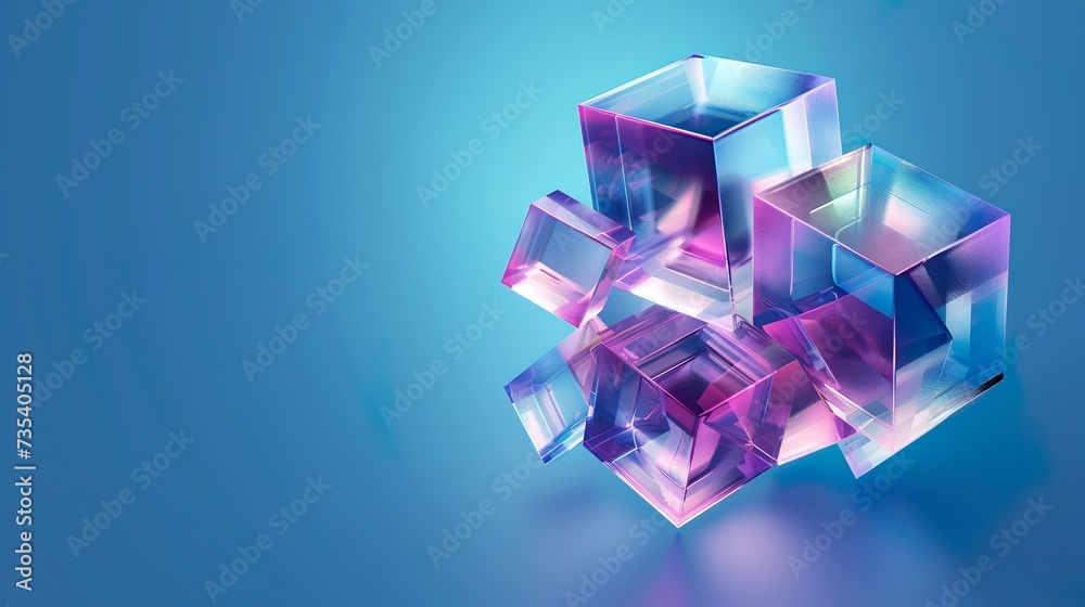 3d crystal glass cubes with refraction and holographic effect isolated on black background. Render transparent glass rotate box with overlay dispersion light, rainbow gradient 3d crystal glass cubes with refraction and holographic effect isolated on black background. Render transparent glass rotate box with overlay dispersion light, rainbow gradient