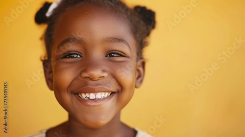 Happy african-american child girl smiling to camera over yellow background