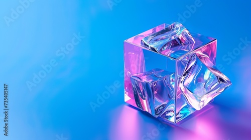 3d crystal glass cubes with refraction and holographic effect isolated on black background. Render transparent glass rotate box with overlay dispersion light  rainbow gradient
