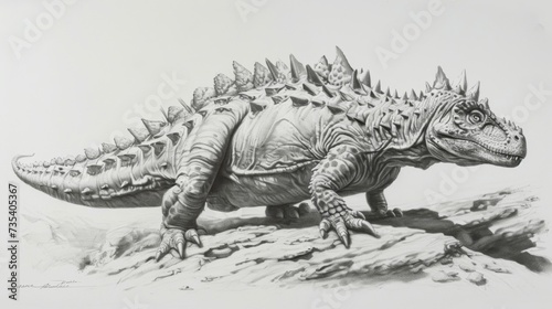 A detailed pencil drawing of a Sauropelta a lesserknown armored dinosaur with its armored plates and long spiky tail highlighted in stunning detail.