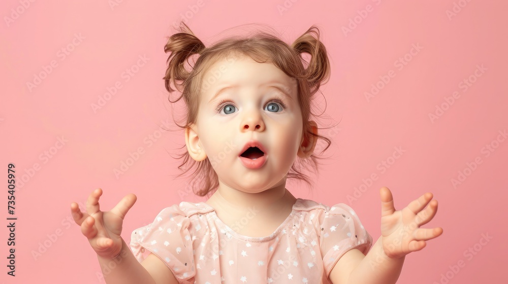 Portrait of surprised cute little toddler girl child over pink background. Looking at camera. Points hands to the left side. Advertising childrens products Portrait of surprised cute little toddler girl child over pink background. Looking at camera. Points hands to the left side. Advertising childrens products