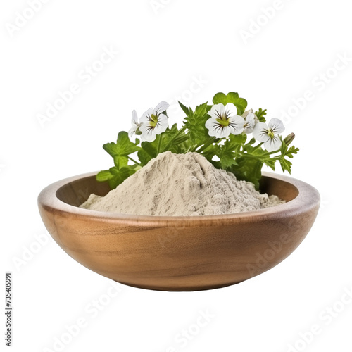 pile of finely dry organic fresh raw eyebright herb powder in wooden bowl png isolated on white background. bright colored of herbal, spice or seasoning recipes clipping path. selective focus photo