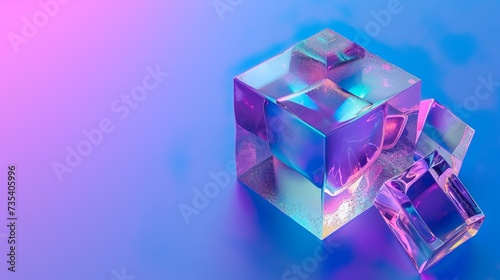 3d crystal glass cubes with refraction and holographic effect isolated on black background. Render transparent glass rotate box with overlay dispersion light, rainbow gradient