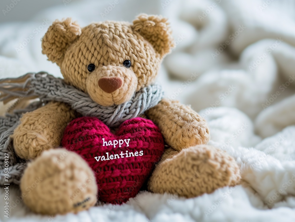 Valentine's day greeting card. Teddy bear with red heart on white knitted background. Happy Valentines