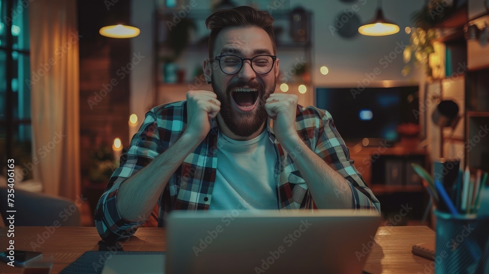 Satisfied with work done. Happy young man working on laptop while sitting at his working place in office Satisfied with work done. Happy young man working on laptop while sitting at his working place in office