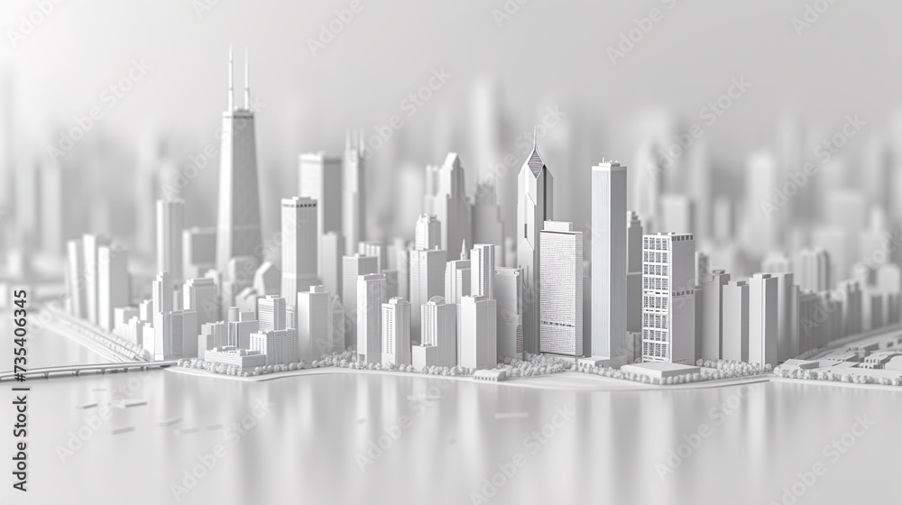 Miniature Chicago Downtown buildings and skyscrapers installation, 3D miniature city model in white