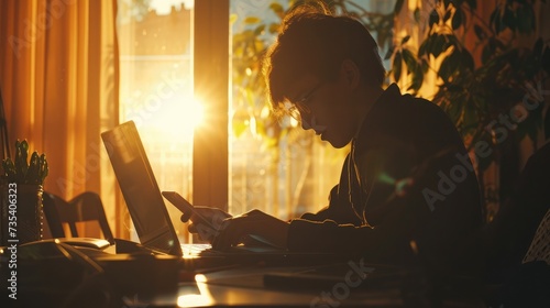 Silhouette of cropped shot of a young man working from home using smart phone and notebook computer  man s hands using smart phone in interior  man at his workplace using technology  flare light