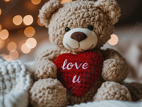 Cute teddy bear with knitted love you heart on bokeh background