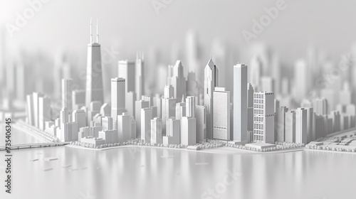 Miniature Chicago Downtown buildings and skyscrapers installation  3D miniature city model in white
