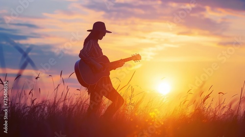silhouette of musician with guitar at sunset field, music background photo