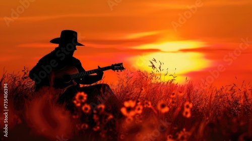silhouette of musician with guitar at sunset field, music background