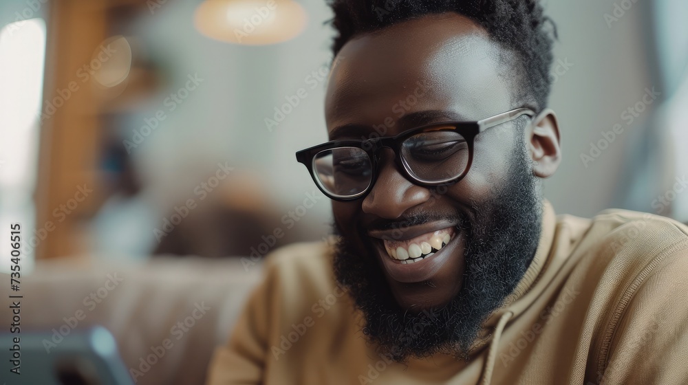 Smiling bearded African man working at home while sitting on the sofa.Concept of young people using mobile devices.Blurred background. Smiling bearded African man working at home while sitting on the sofa.Concept of young people using mobile devices.Blurred background.
