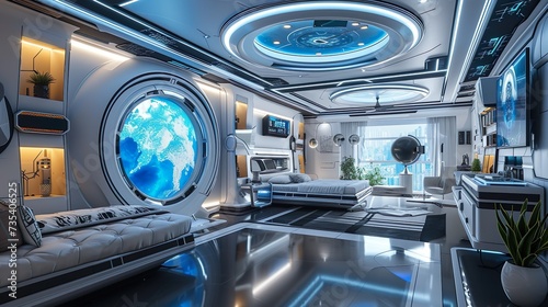 A futuristic spaceship interior with glowing control panels and futuristic seating.