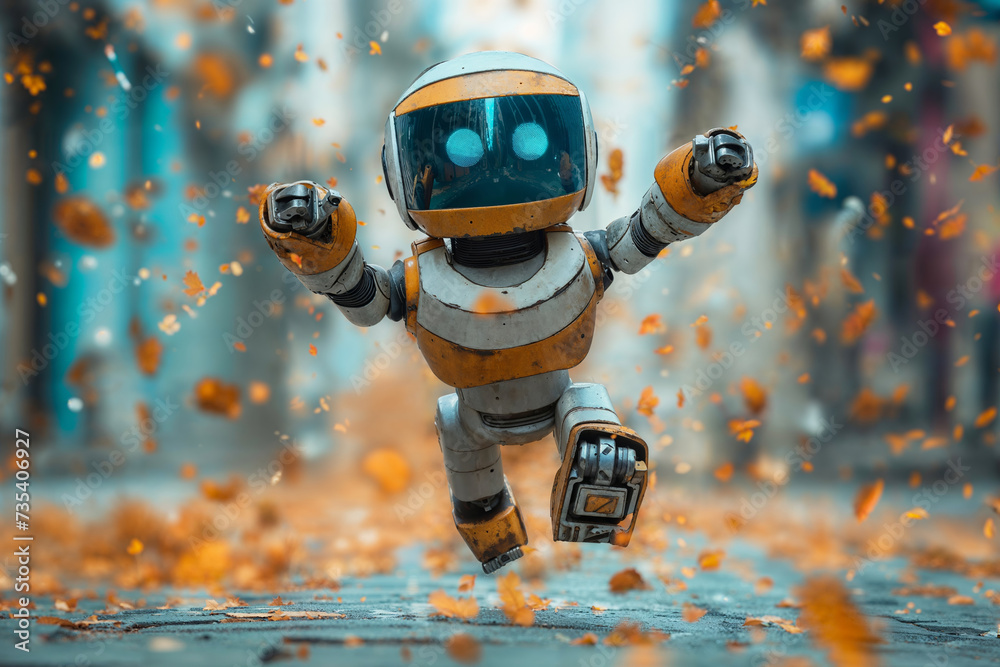successful android robot jumping high, spreading the arms successful android robot jumping high, spreading the arms