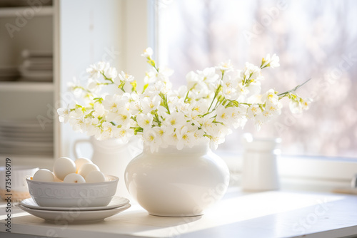 Spring flowers, Happy Easter background. White Easter eggs