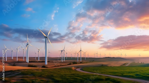 A panoramic view of a wind turbine farm against a dramatic sky filled with swirling clouds, symbolizing the power and potential of clean energy innovation.