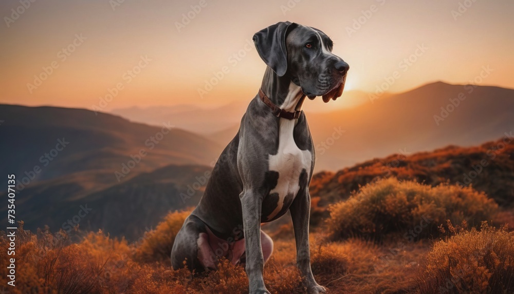 Great Dane, dog at dawn, purebred dog in nature, happy dog, beautiful dog - obrazy, fototapety, plakaty 