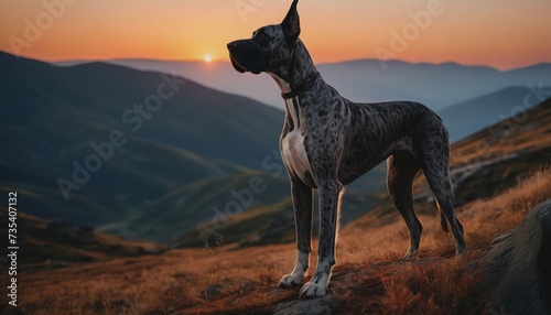 Great Dane, dog at dawn, purebred dog in nature, happy dog, beautiful dog photo