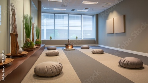 In the corner a designated meditation area offers a tranquil escape for employees to practice mindfulness and reduce stress levels.