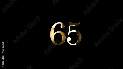 Golden number 65 with gold particles, alpha channel, golden numerology, golden number sixty five photo