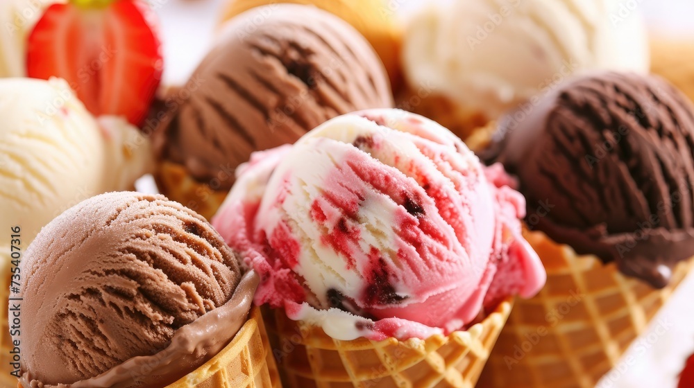 Variety of ice cream scoops in cones with chocolate, vanilla and strawberry Variety of ice cream scoops in cones with chocolate, vanilla and strawberry