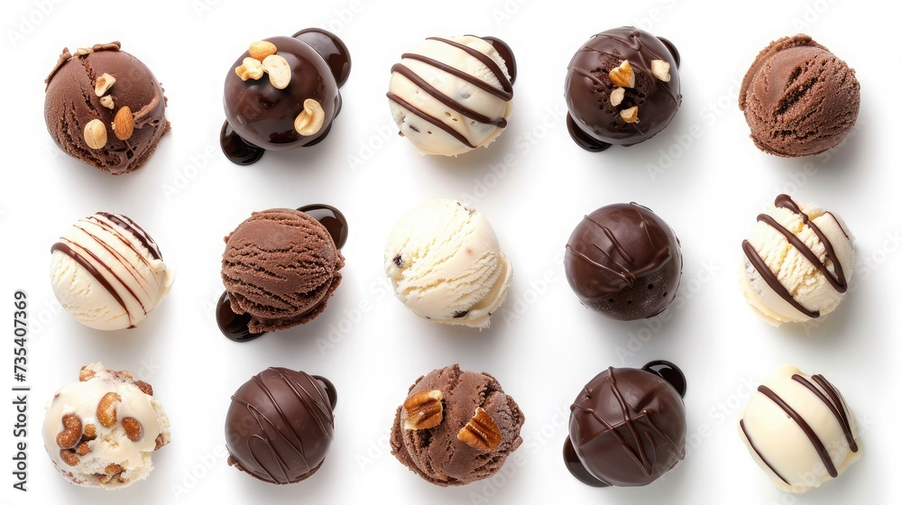 various ice cream balls with chocolate sauce and nuts isolated on white background, top view