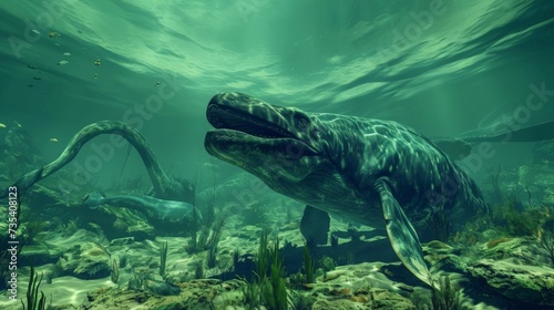 A VR simulation of a prehistoric ocean showcasing the immense size and diversity of ancient marine life.