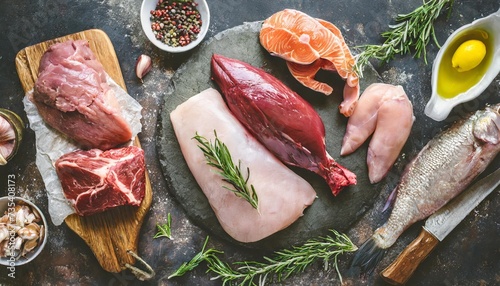 assortment of raw fresh meat on dark grunge background beef pork fish chicken and duck top view flat lay photo