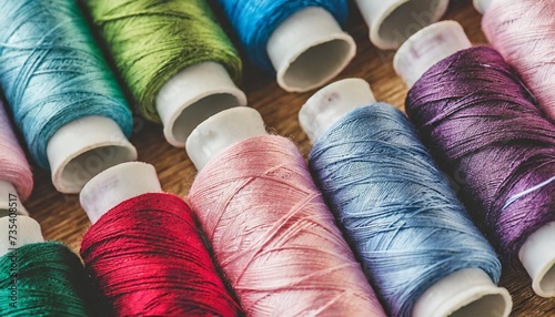 background of sewing threads of different colors pink blue green red photo