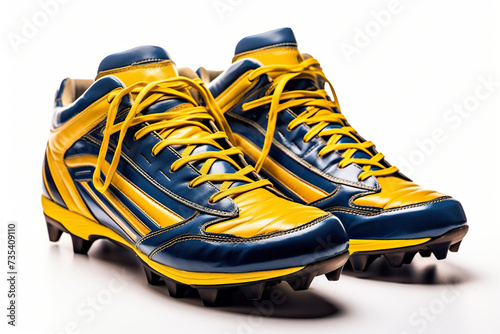 American football boots in yellow and blue colors with spikes on a white background. Generated by artificial intelligence