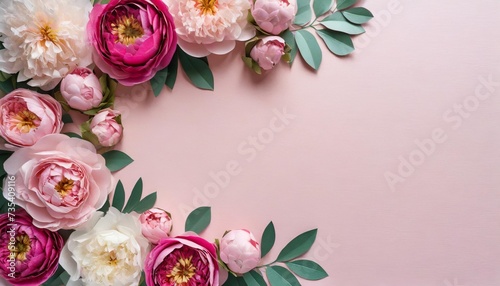 frame of handcrafted peony paper flowers in various shades of pink creating an elegant border on a soft pink background