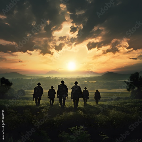 A peaceful countryside scene with a silhouette of soldiers marching in the distance, honoring the fallen.