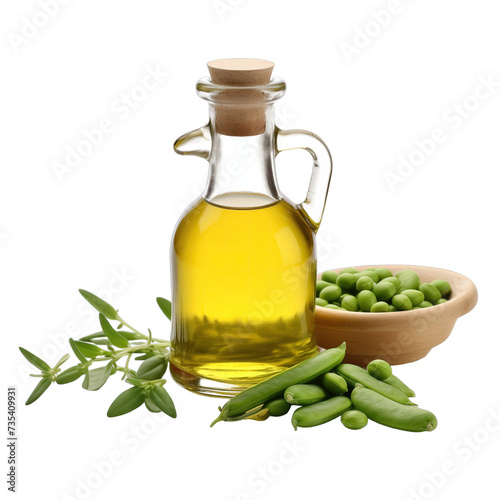 fresh raw organic english pea oil in glass bowl png isolated on white background with clipping path. natural organic dripping serum herbal medicine rich of vitamins concept. selective focus