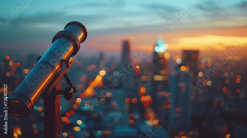 A vintage telescope overlooking a city skyline at dusk representing future financial outlooks photo