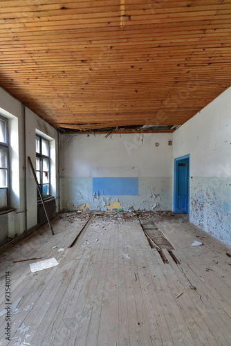 Old classroom remains of a ruined, abandoned former primary school full of rubble. Vevchani-North Macedonia-350
