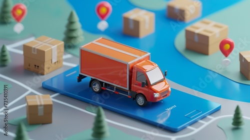 Online delivery concept with copy space. Cardboard boxes on a green background fly out of the smartphone.
