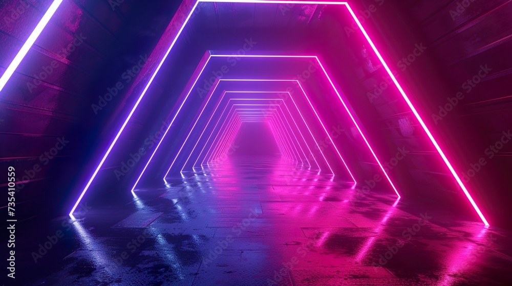 Fototapeta premium 3d render, abstract neon background, space tunnel turning to left, ultra violet rays, glowing lines, virtual reality jump, speed of light, space and time strings, highway night lights