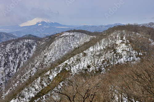 雪の丹沢山地　鍋割山稜の小丸より望む富士山と鍋割山
