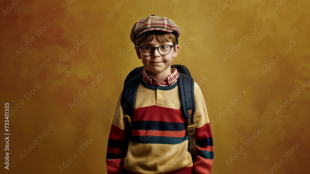 Back to school, portrait of a mischievous cheerful boy in a sweater, cap and glasses with a school backpack on a studio background of warm colors, the schoolboy looks at the camera Back to school, portrait of a mischievous cheerful boy in a sweater, cap and glasses with a school backpack on a studio background of warm colors, the schoolboy looks at the camera