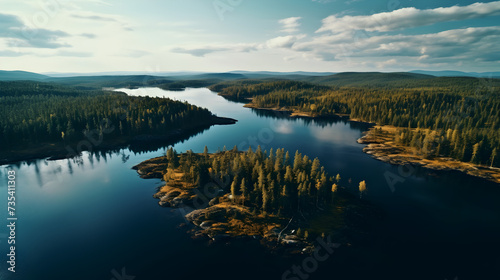 Aerial view of wild green forests and blue lakes and rivers in summer finland,, Aerial view of wild green forests and blue lakes and rivers in summer finland