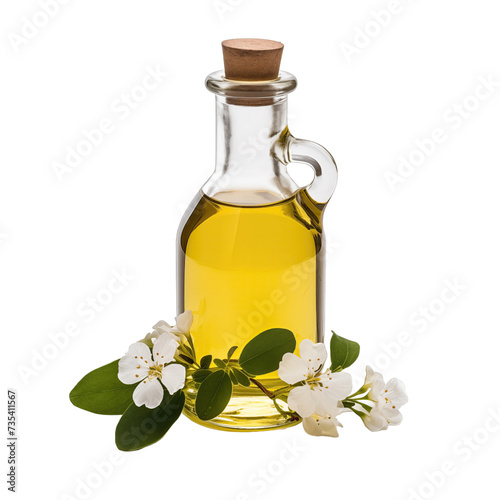 fresh raw organic amyris oil in glass bowl png isolated on white background with clipping path. natural organic dripping serum herbal medicine rich of vitamins concept. selective focus photo