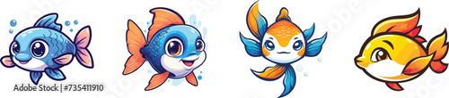 Cute playful fish vector set, safari and jungle animals illustration, unique character designs for marine life and rainforest themes, ideal for children's content, educational materials, and wildlife 