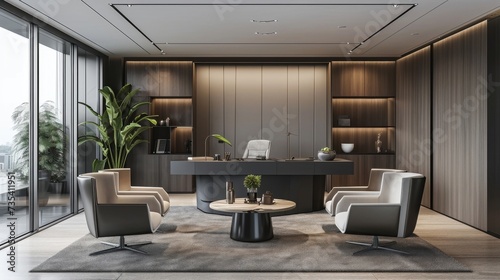 A minimalist office with soothing shades of grey and a designated relaxation area with a plush floor rug calming music and a selection of soothing teas. © Justlight