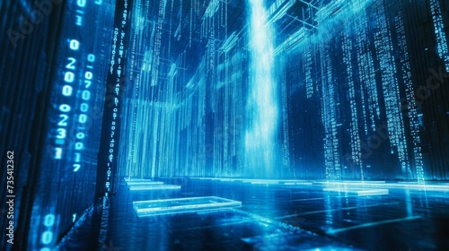 A digital waterfall cascades in front of a wall of data highlighting the continuous flow and movement of financial transactions and trends. photo