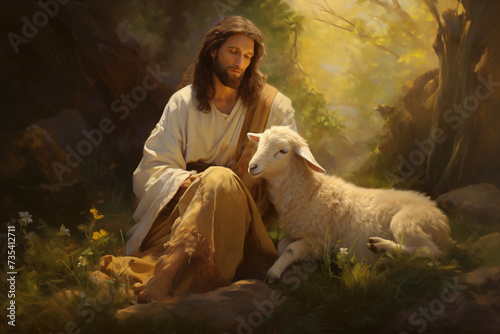 Easter background with Jesus Christ and white Paschal lamb. Jesus Christ Resurrection, Christian Easter Background. Resurrection Sunday. Easter greeting card concept