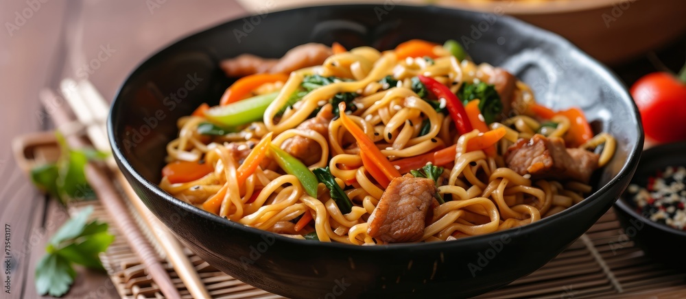 Delicious bowl of stir-fried noodles with savory meat and fresh vegetables, perfect for a hearty meal Delicious bowl of stir-fried noodles with savory meat and fresh vegetables, perfect for a hearty meal