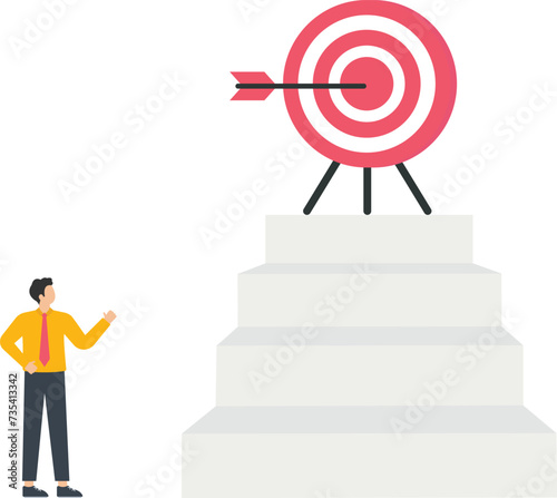 Business person looking a target on a stair, Aim or focus, Planning for strategy success concept, 
