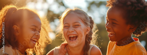 Cheerful laughing children of different times against the background of sunlight, panorama joyful children
